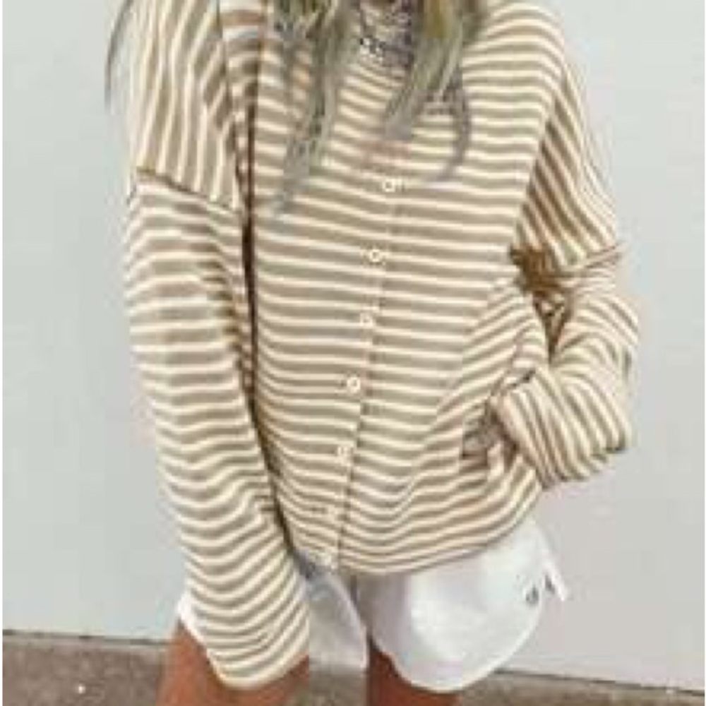 Beige and White Striped Button-Down Women's Shirt